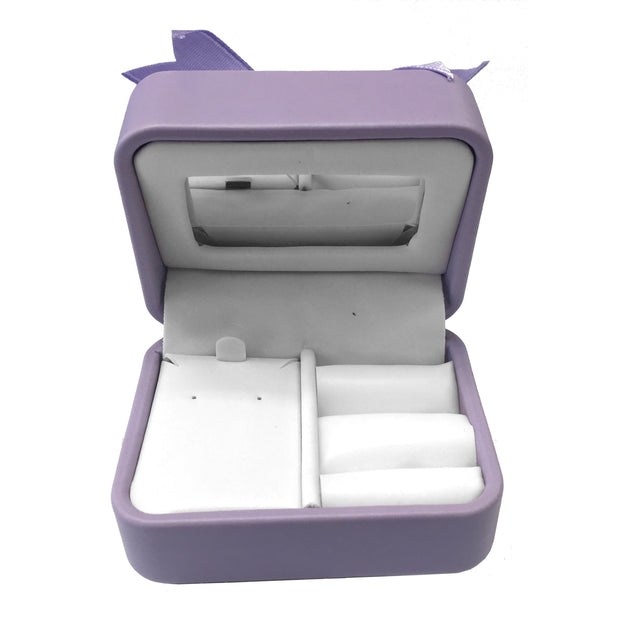 Lilac multi-department jewelry box for necklaces, rings, and earrings.