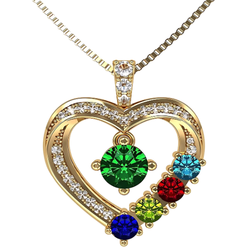 Central Diamond Center Mother & Child Heart Birthstone Necklace w/ 1-6 Simulated Gemstones in Sterling Silver, 10K, or 14K Gold