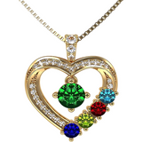 Central Diamond Center Mother & Child Heart Birthstone Necklace w/ 1-6 Simulated Gemstones in Sterling Silver, 10K, or 14K Gold