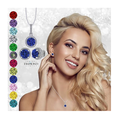 Central Diamond Center Round Halo Earring & Necklace Set w/ 6.5mm Simulated Birthstones in 925 Sterling Silver, Hypoallergenic