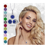 Central Diamond Center Round Halo Earring & Necklace Set w/ 6.5mm Simulated Birthstones in 925 Sterling Silver, Hypoallergenic