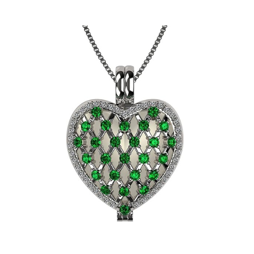 Central Diamond Center Heart of Hearts Birthstone Locket Necklace Pendant in Sterling Silver & Mother of Pearl
