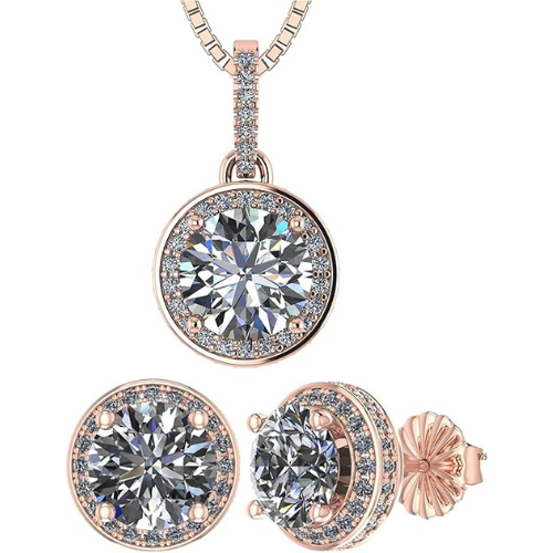 Central Diamond Center Round Halo Earring & Necklace Set w/ 6.5mm Simulated Birthstones in 925 Sterling Silver, Hypoallergenic