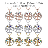 Mothers Tree of Life Birthstone Necklace w/ 1-13 Simulated Gemstones & CZ Bezel in Silver, 10K, 14K Gold