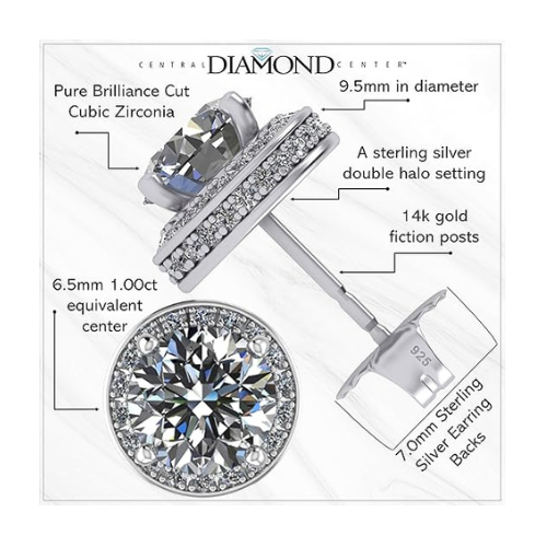 Central Diamond Center Round Halo Earring & Necklace Set w/ 6.5mm Simulated Birthstones in 925 Sterling Silver, Hypoallergenic