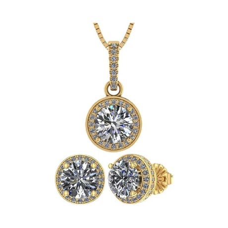Central Diamond Center Round Halo Earring & Necklace Set w/ 6.5mm Simulated Birthstones in 925 Sterling Silver, Hypoallergenic