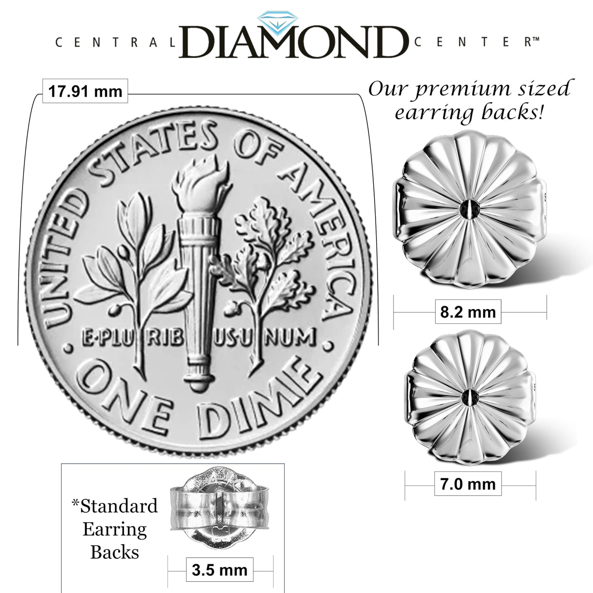 Central Diamond Center Oversized Earring Backs –4 Pairs 7mm & 8.2mm Universal Replacement Hypoallergenic