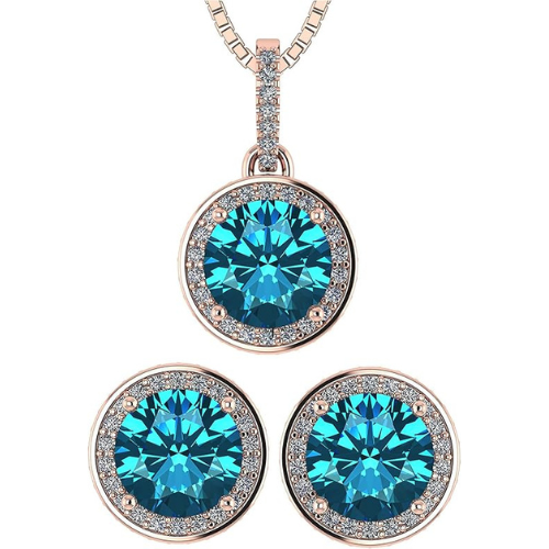 Central Diamond Center Round Halo Earring & Necklace Set w/ 6.5mm Simulated Birthstones in 925 Sterling Silver, Hypoallergenic