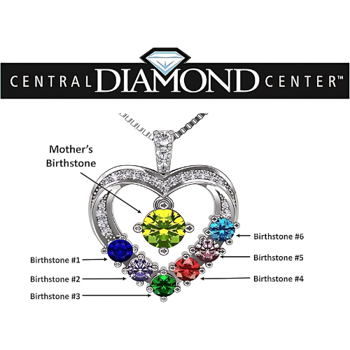 Central Diamond Center Mother & Child Heart Birthstone Necklace w/ 1-6 Simulated Gemstones in Sterling Silver, 10K, or 14K Gold