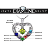 Central Diamond Center Mother & Child Heart Birthstone Necklace w/ 1-6 Simulated Gemstones in Sterling Silver, 10K, or 14K Gold