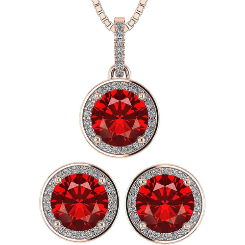 Central Diamond Center Round Halo Earring & Necklace Set w/ 6.5mm Simulated Birthstones in 925 Sterling Silver, Hypoallergenic