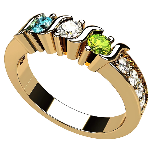 Central Diamond Center S-Bar with Sides Mothers Birthstone Ring in Sterling Silver, 10K or 14K Gold w/ 1-6 Simulated Gemstones