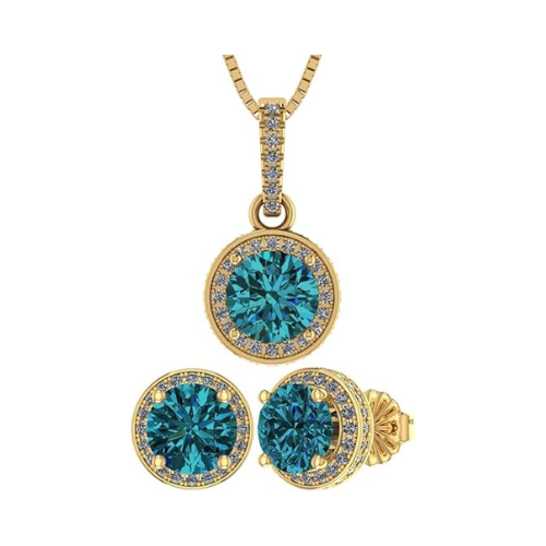 Central Diamond Center Round Halo Earring & Necklace Set w/ 6.5mm Simulated Birthstones in 925 Sterling Silver, Hypoallergenic