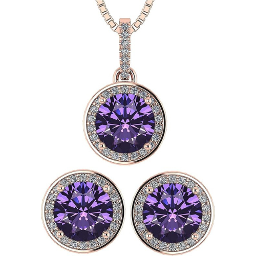 Central Diamond Center Round Halo Earring & Necklace Set w/ 6.5mm Simulated Birthstones in 925 Sterling Silver, Hypoallergenic