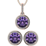 Central Diamond Center Round Halo Earring & Necklace Set w/ 6.5mm Simulated Birthstones in 925 Sterling Silver, Hypoallergenic