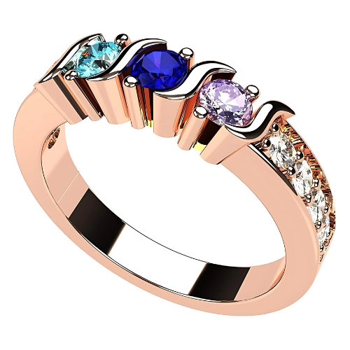 Central Diamond Center S-Bar with Sides Mothers Birthstone Ring in Sterling Silver, 10K or 14K Gold w/ 1-6 Simulated Gemstones