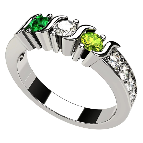 Central Diamond Center S-Bar with Sides Mothers Birthstone Ring in Sterling Silver, 10K or 14K Gold w/ 1-6 Simulated Gemstones