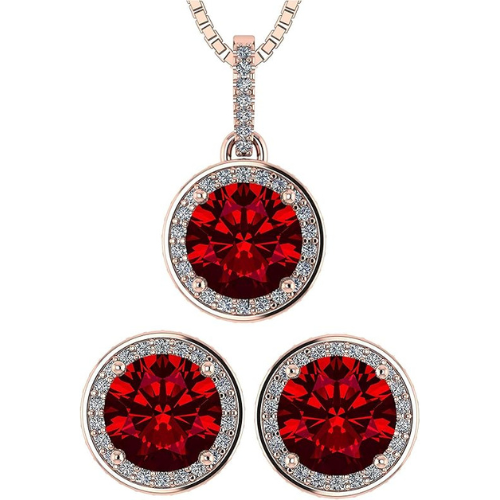 Central Diamond Center Round Halo Earring & Necklace Set w/ 6.5mm Simulated Birthstones in 925 Sterling Silver, Hypoallergenic