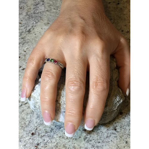 Central Diamond Center S-Bar with Sides Mothers Birthstone Ring in Sterling Silver, 10K or 14K Gold w/ 1-6 Simulated Gemstones