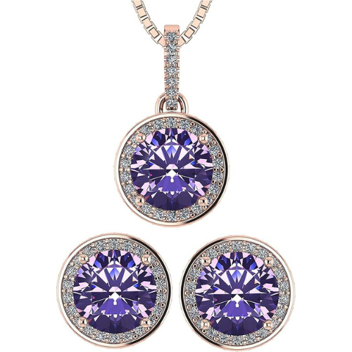 Central Diamond Center Round Halo Earring & Necklace Set w/ 6.5mm Simulated Birthstones in 925 Sterling Silver, Hypoallergenic