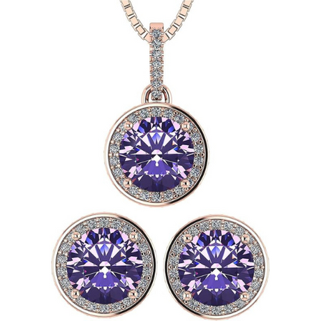 Central Diamond Center Round Halo Earring & Necklace Set w/ 6.5mm Simulated Birthstones in 925 Sterling Silver, Hypoallergenic