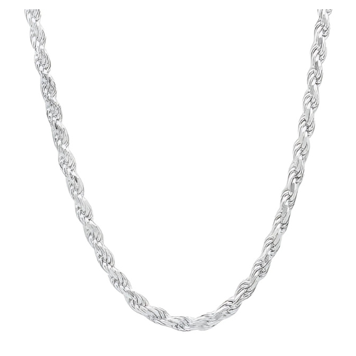 Sterling Silver Diamond Cut Rope Chain, white gold plated.
