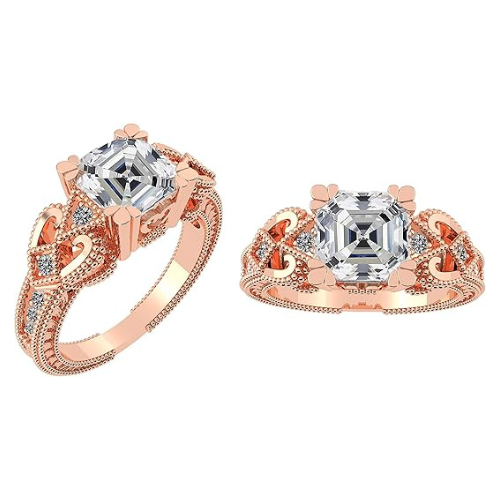 Central Diamond Center Asscher Cut Engagement Ring Pure Brilliance Zirconia, Vintage & Antique Look, Sterling Silver, 10K or 14K Gold