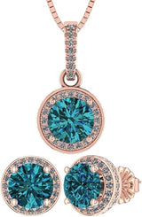 Central Diamond Center Round Halo Earring & Necklace Set w/ 6.5mm Simulated Birthstones in 925 Sterling Silver, Hypoallergenic