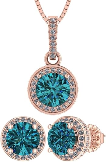 Central Diamond Center Round Halo Earring & Necklace Set w/ 6.5mm Simulated Birthstones in 925 Sterling Silver, Hypoallergenic