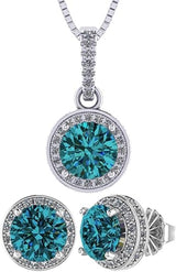 Central Diamond Center Round Halo Earring & Necklace Set w/ 6.5mm Simulated Birthstones in 925 Sterling Silver, Hypoallergenic