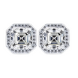Close-up of a pair of Asscher cut cubic zirconia halo stud earrings.