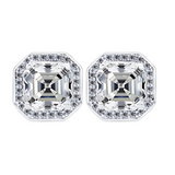 Close-up of a pair of Asscher cut cubic zirconia halo stud earrings.