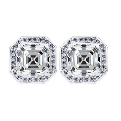 Close-up of a pair of Asscher cut cubic zirconia halo stud earrings.