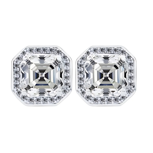 Close-up of a pair of Asscher cut cubic zirconia halo stud earrings.