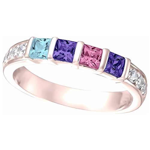 Central Diamond Center Princess w/Sides Mothers Rings with 1 to 6 Simulated Birthstones, Sterling Silver, 10K or 14K Gold