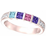 Central Diamond Center Princess w/Sides Mothers Rings with 1 to 6 Simulated Birthstones, Sterling Silver, 10K or 14K Gold