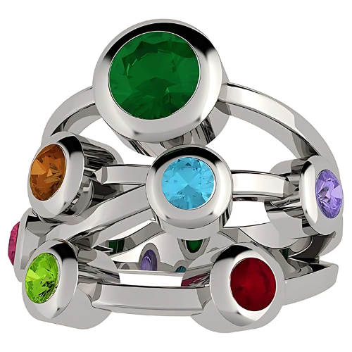Central Diamond Center Bubble Mother's Ring with 1 to 7 Simulated Birthstones in Sterling Silver