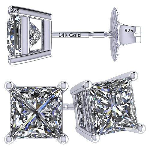 1.50ctw Princess Cut CZ Stud Earrings with 14K Gold Posts.
