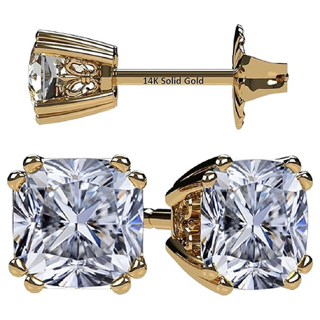 NANA Jewels Cushion Cut Simulated Diamond Stud Earrings 14K Solid Gold Post & Sterling Silver -0.60ctw-4.00ctw CZ