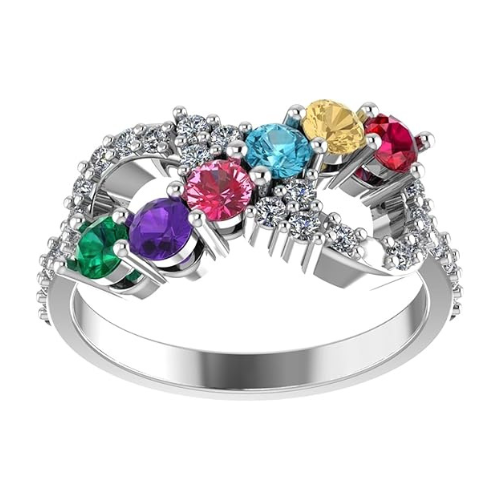 Central Diamond Center Infinity Mothers Rings w/ 1 to 6 Simulated Birthstones in Sterling Silver,  10K or 14K Gold