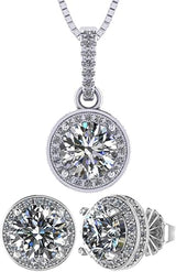 Central Diamond Center Round Halo Earring & Necklace Set w/ 6.5mm Simulated Birthstones in 925 Sterling Silver, Hypoallergenic