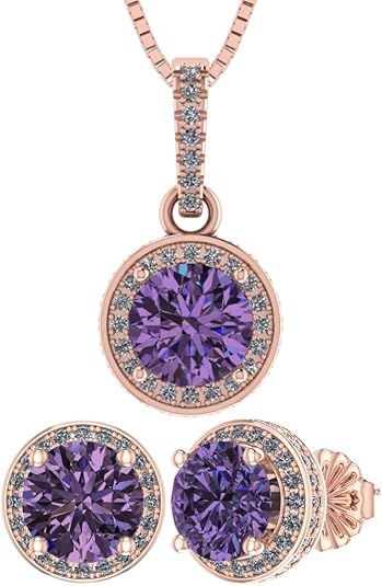 Central Diamond Center Round Halo Earring & Necklace Set w/ 6.5mm Simulated Birthstones in 925 Sterling Silver, Hypoallergenic