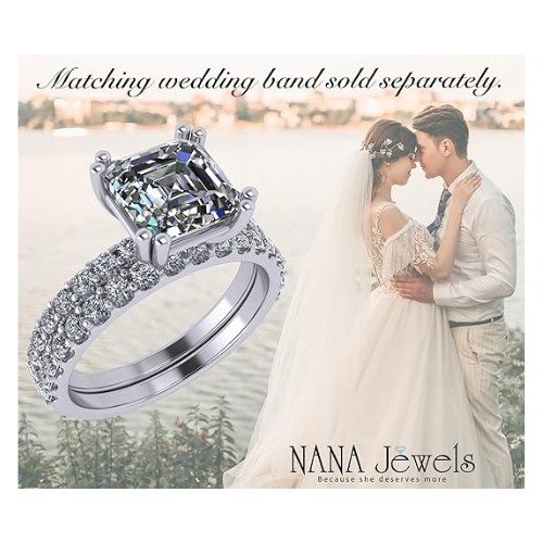 NANA Jewels 1.50ct-3.00ct Asscher Cut Solitaire Zirconia Engagement Ring W/Sides in Sterling Silver, 10K or 14K Gold
