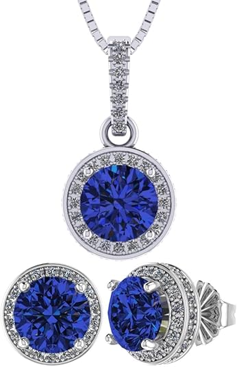 Central Diamond Center Round Halo Earring & Necklace Set w/ 6.5mm Simulated Birthstones in 925 Sterling Silver, Hypoallergenic