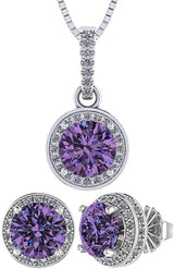 Central Diamond Center Round Halo Earring & Necklace Set w/ 6.5mm Simulated Birthstones in 925 Sterling Silver, Hypoallergenic
