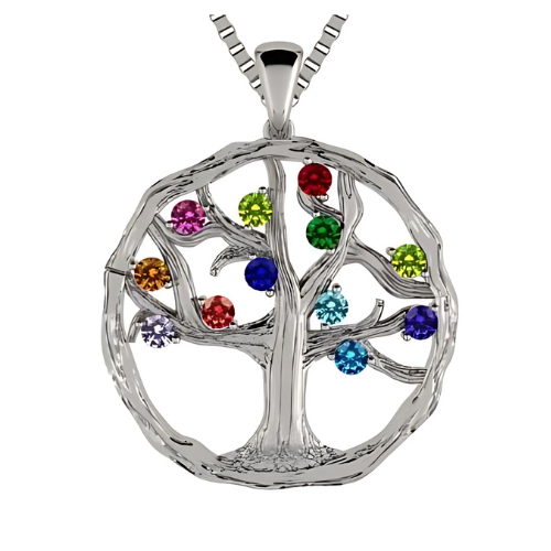 Central Diamond Center Tree of Life Mothers Birthstone Necklace in Silver-10K or 14K Gold. Up to 12stones