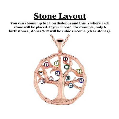Central Diamond Center Tree of Life Mothers Birthstone Necklace in Silver-10K or 14K Gold. Up to 12stones