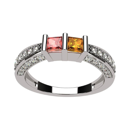 Central Diamond Center Princess Cut Birthstone Couples Ring w/CZs on 3 Sides, Sterling Silver, 10K, or 14K Gold
