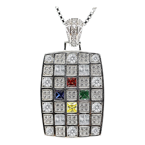 Central Diamond Center Dog Tag Mother's Necklace w/ 1 to 8 Simulated Birthstones in Silver, 10K, or 14K Gold