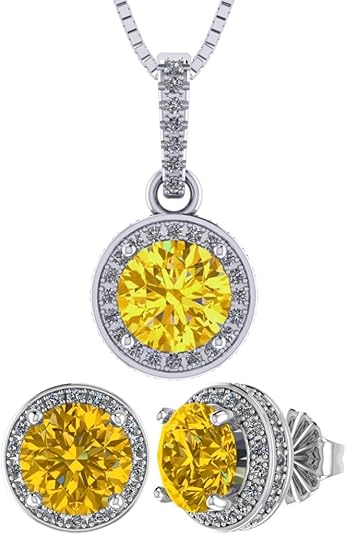 Central Diamond Center Round Halo Earring & Necklace Set w/ 6.5mm Simulated Birthstones in 925 Sterling Silver, Hypoallergenic